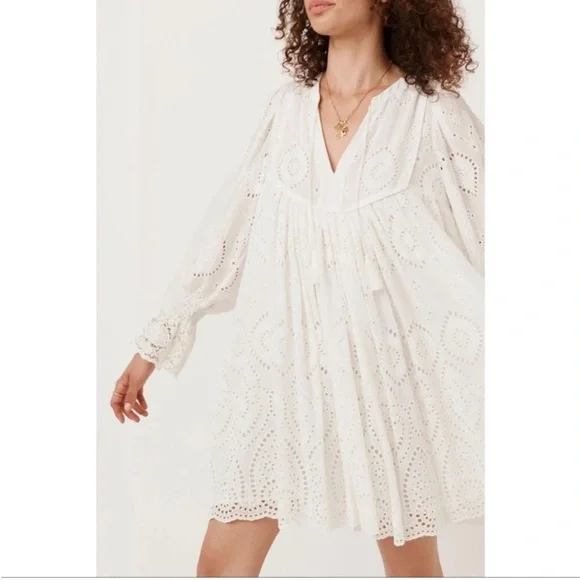 Spell Dylan Smock Dress White Eyelet Cotton Boho Bridal Cottagecore S - Picture 3 of 7